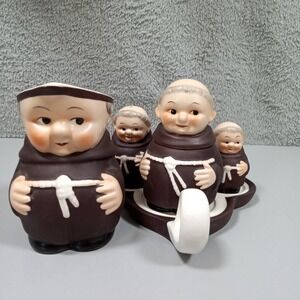 Vintage Goebel Friar Tuck Monk Condiment Set W Germany Salt Pepper Mustard Tray